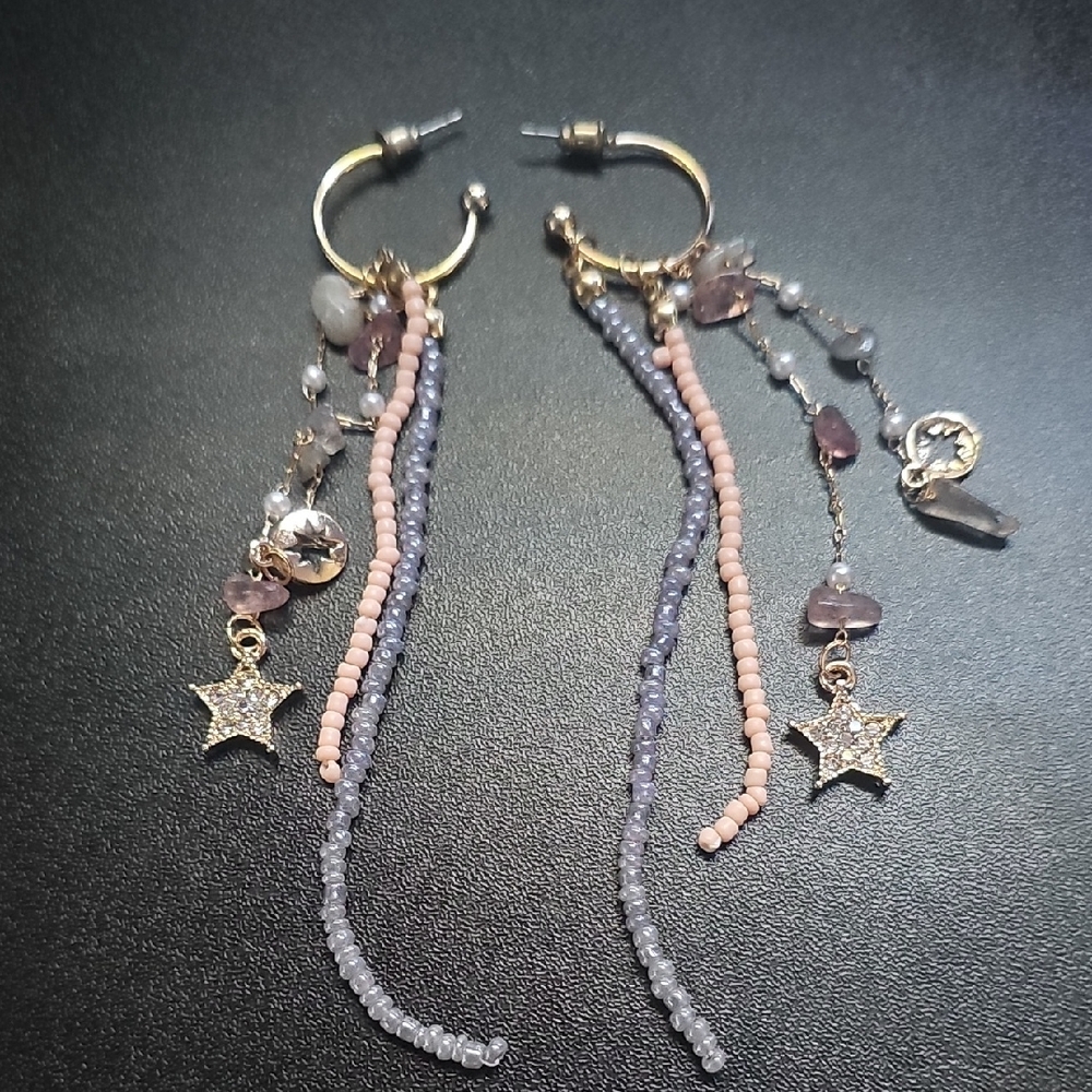 Gold Hoop Earrings with Pink and Lavender Beads and Star Charms